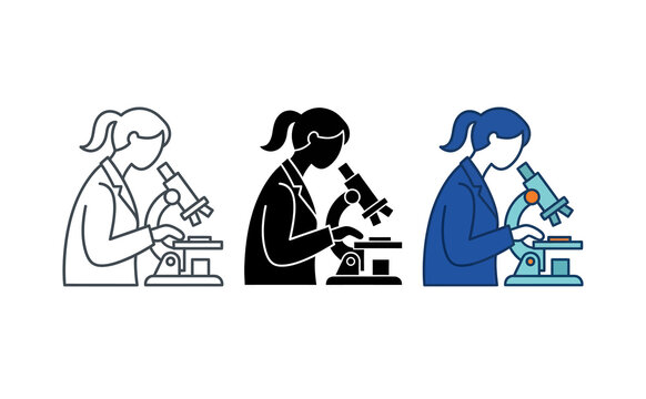 Female scientist using microscope icons with blue and orange accents