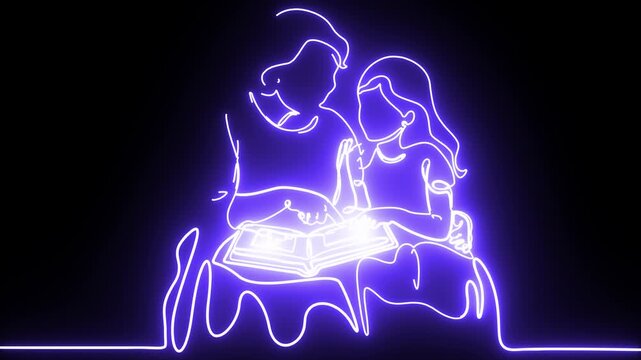 Neon purple line art of mother and daughter reading a book, glowing continuous line drawing of family story time, minimalist violet light aesthetic.