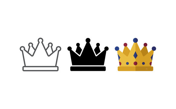 Golden royal crown icon set for king queen and leadership luxury logo