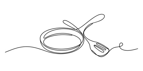 Continuous single line drawing of a frying pan and a kitchen spatula isolated on a white background Vector, illustration © Digital Illustration