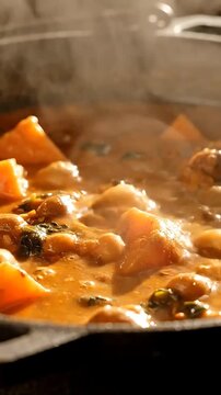 Close-up of Traditional Steaming African Food Stew Bubbling in a Pot, 4K Upscaled Footage 44