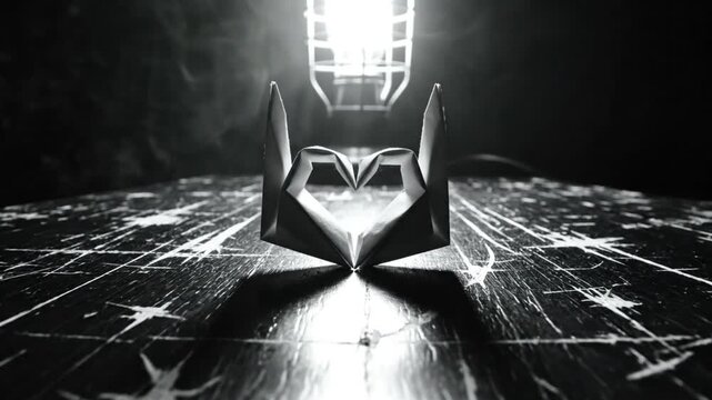 Black and white still life with origami heart in front of a bright light and smoky background