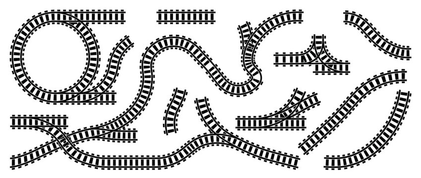 Train track pieces collection with curves and switches on white background, transport design