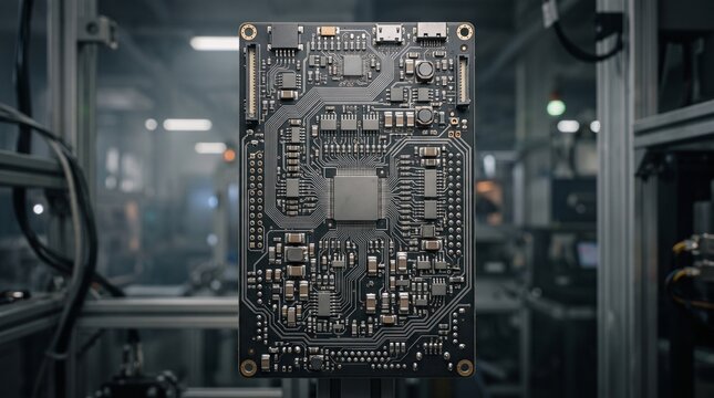Industrial black printed circuit board featuring intricate copper traces and surface mount components shown in a blurred laboratory or manufacturing plant setting with industrial equipment.