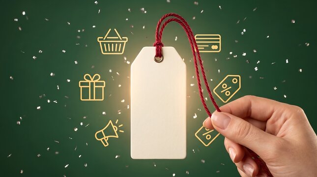 Hand attaching a red string to a blank price tag surrounded by shopping and gift symbols for retail promotion