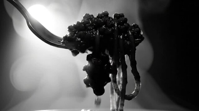 Black and white close up of spaghetti with black caviar dripping from a fork, culinary elegance.