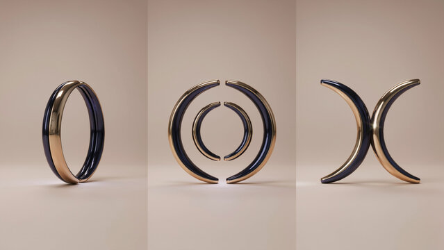 Abstract crescent moon shapes in gold and dark blue, minimalist three panel vertical display