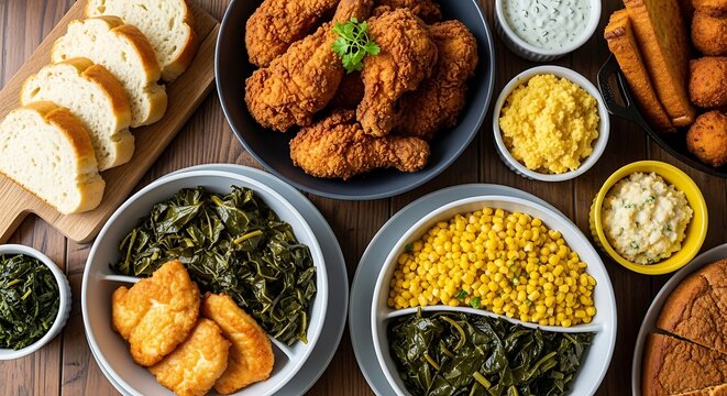Southern fried chicken dinner with collard greens and corn on wooden