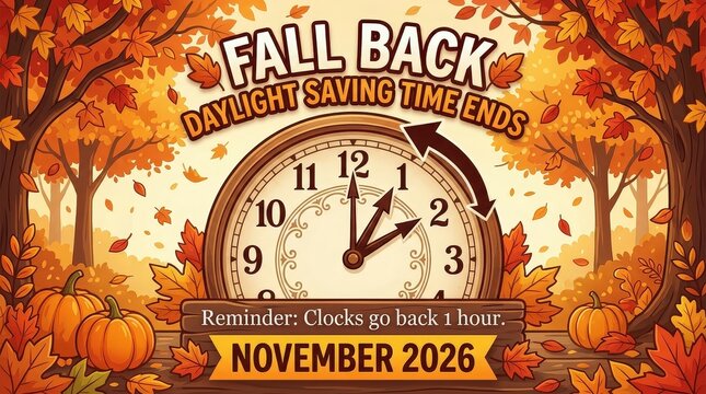 Fall Back Clocks Reminder for November 2026 Daylight Saving Time Ends with Autumn Leaves and Pumpkins Illustration