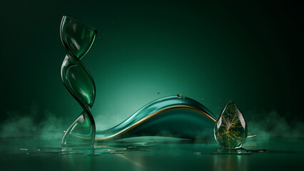 Fototapeta premium Abstract glass sculptures and a crystal drop with golden details on a dark green background