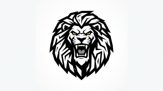Geometric black lion head logo, roaring with sharp fangs, yellow eyes, angular polygonal mane, bold mascot emblem