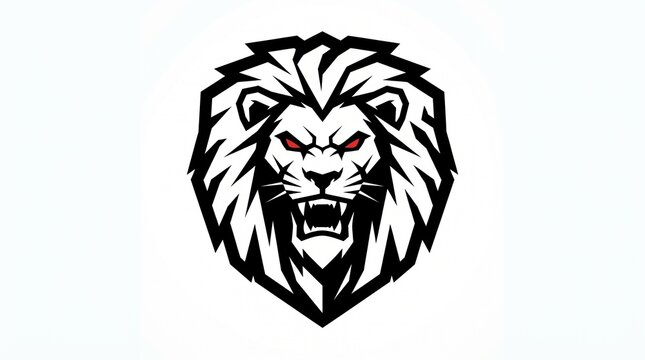Bold geometric lion head logo, fierce roaring with sharp fangs, spiky angular mane, glowing red eyes, modern black mascot emblem