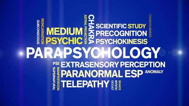 Parapsychology animated word cloud-animation tag kinetic typography seamless loop.