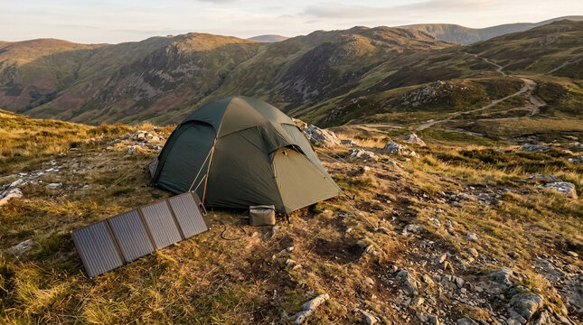 Camping tent with portable solar panel charging on a mountain during a sunny day with vast landscape