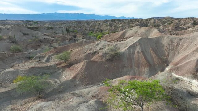 Tatacoa Desert Grey Desert and Eroded Badlands in Huila, Colombia. Establishing Shot. Aerial View.