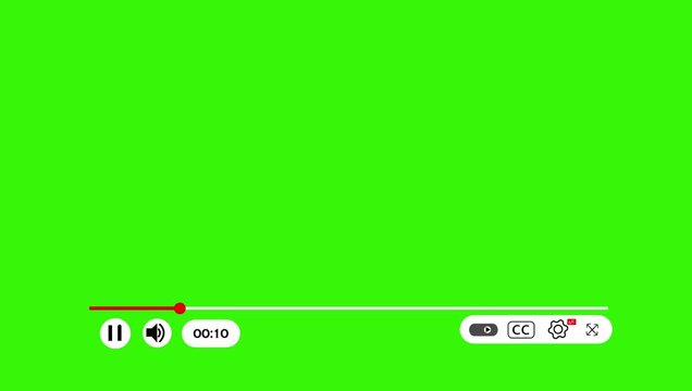 YouTube Video Player Interface HUD Animation with Play Pause, Volume, Captions, Settings, Theater and Fullscreen Controls on Green Screen