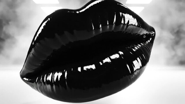 Glossy black lips floating in a bright white abstract studio setting with smoky background