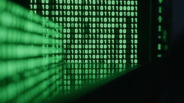 Abstract digital background featuring green binary code reflecting on a dark glass surface symbolizing cyber security and data processing