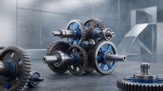 Complex mechanical gear assembly featuring precision steel cogs, interlocking shafts, and blue anodized accents in a clean industrial laboratory setting for engineering visualization.