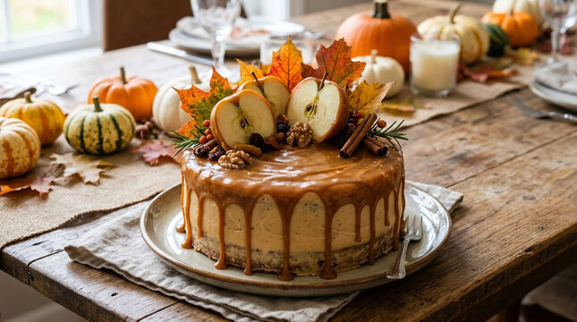 Autumnal cheesecake with caramel drizzle apple slices and fall leaves as a centerpiece on a rustic wooden table