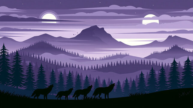 A pack of wolves standing in a wild forest landscape during a purple moonlit night