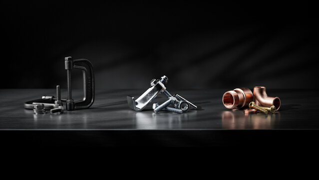 Assorted metal tools and copper pipe fittings arranged on a dark reflective surface background