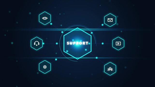 Digital customer support interface with glowing blue icons and geometric hexagon connection nodes network connection service center online help tech support business