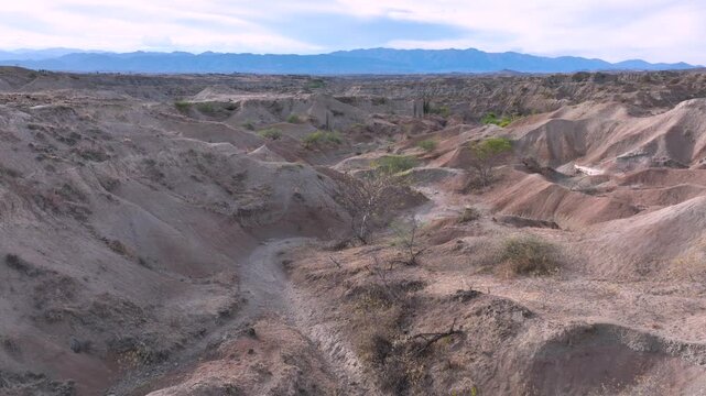 Tatacoa Desert Grey Desert and Eroded Badlands in Huila, Colombia. Establishing Shot. Aerial View.
