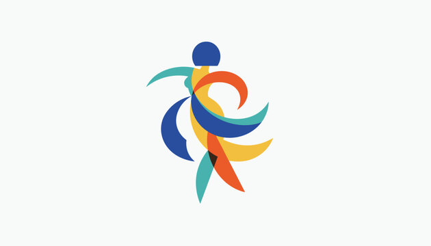 Abstract artistic logo of a female dancer in motion created with vibrant overlapping curved geometric shapes.