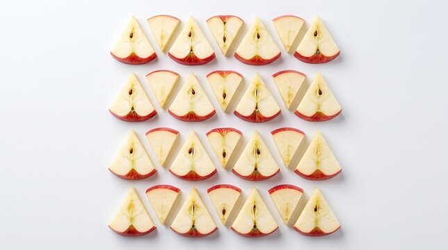 Top down flat lay of fresh red apple slices isolated on white background