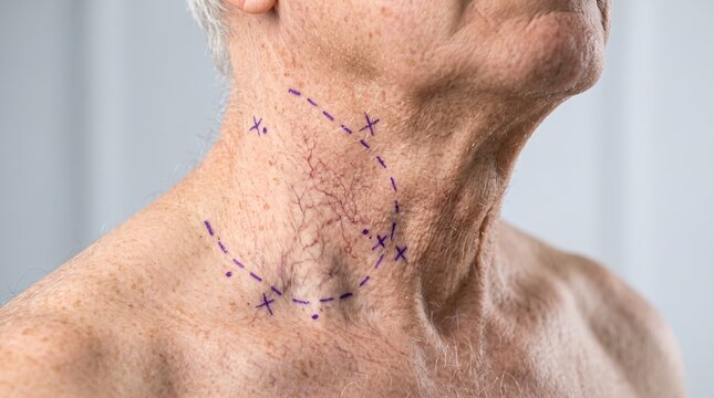 Close Up of Elderly Patient Neck Prepared for Surgery with Purple Marker Lines