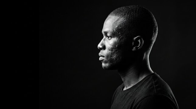Dramatic Black and White Profile Portrait of Young African American Man with Acne Scars