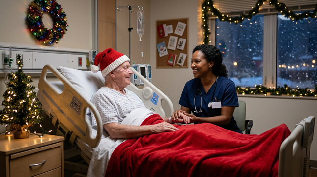 Elderly man wearing a Santa hat talks to a nurse by his hospital bed decorated for Christmas while snow falls outside