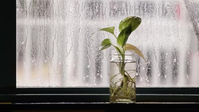 Rain-streaked window with a pothos plant in a glass jar on the windowsill, roots visible in water