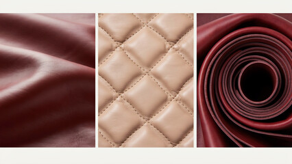 Fototapeta premium Close up textures of red and beige leather including quilted patterns and rolled