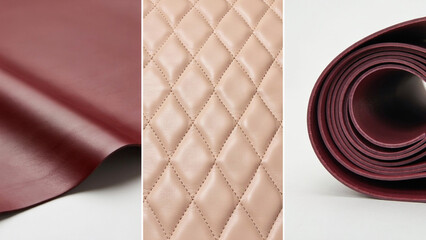 Fototapeta premium Close up view of red and beige leather textures with quilted diamond pattern and rolled edge