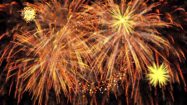 Vibrant Golden and Orange Fireworks Display Exploding on Black Background for New Year and Holiday Celebrations