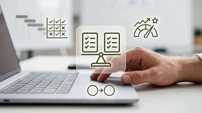 Businessman using a laptop with project management icons showing checklists, performance gauges, and Gantt charts for efficient corporate business workflow.
