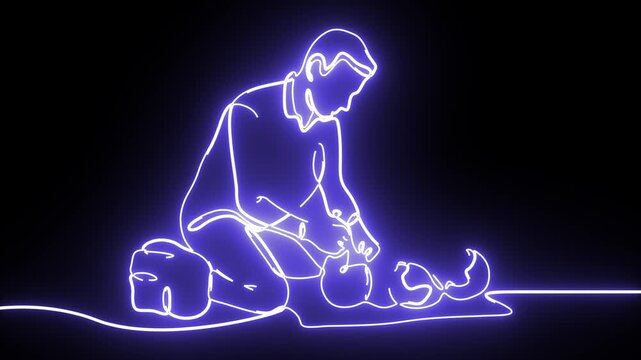 Neon purple continuous line art of man performing CPR on infant, medical first aid training animation, emergency life saving procedure