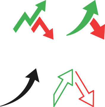 Business growth and decline arrows, financial market trend icons, green upward and red downward stock indicators, vector set for profit and loss