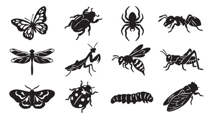 Fototapeta premium Insect Silhouette Icon Set in Black and White Grid Design