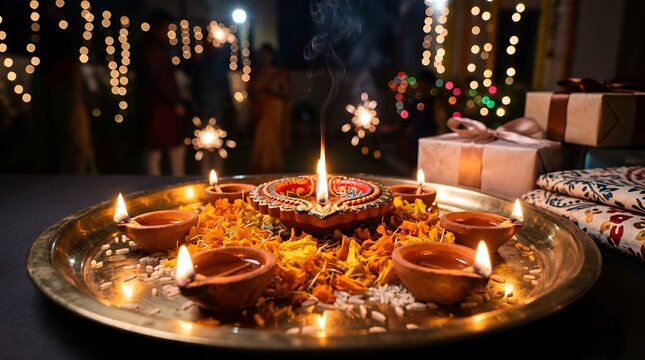 Diwali celebration with traditional oil lamps and festive decorations creating a warm and inviting atmosphere for the festival of lights