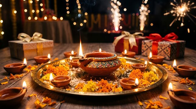 Diwali celebration with traditional oil lamps and festive decorations creating a warm and inviting atmosphere for the festival of lights