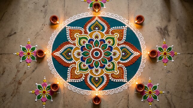 A beautifully detailed rangoli artwork created with vibrant colorful flowers and traditional clay diyas prepared for a joyous diwali festival celebration on a wooden floor
