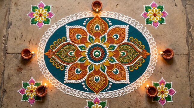 A beautifully detailed rangoli artwork created with vibrant colorful flowers and traditional clay diyas prepared for a joyous diwali festival celebration on a wooden floor