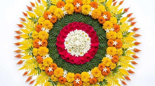 Traditional Onam pookalam floral rangoli circular flower arrangement indian festival decoration concept isolated on white background