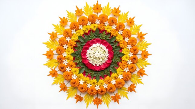 Traditional Onam pookalam floral rangoli circular flower arrangement indian festival decoration concept isolated on white background