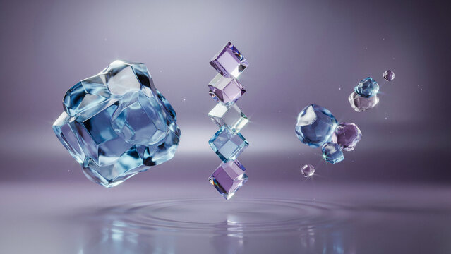 Floating translucent crystal cubes and spheres with purple and blue tints on water surface