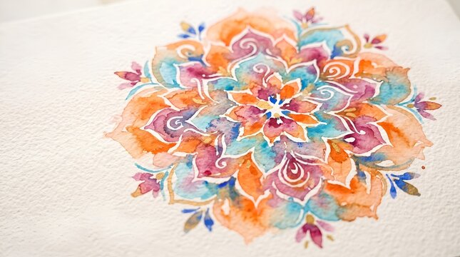 festive art patterns, a vibrant watercolor mandala with happy diwali framed by soft blooms