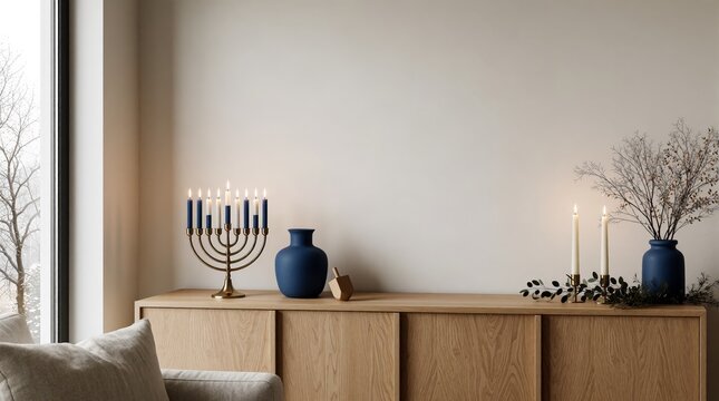 Contemporary Hanukkah interior with menorah, candles, blue ornaments, natural textures and snowy winter light in a modern home